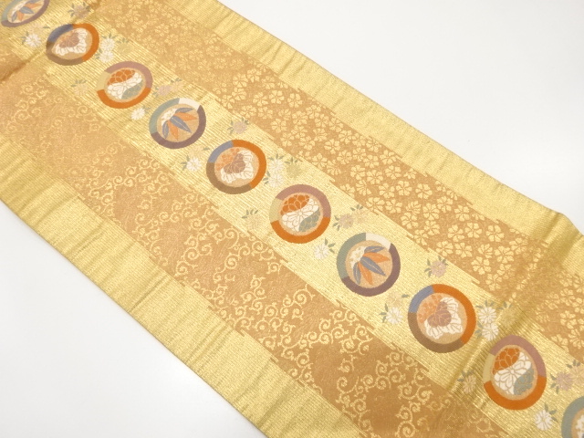 丸に桐・菊・笹模様織り出し　袋帯